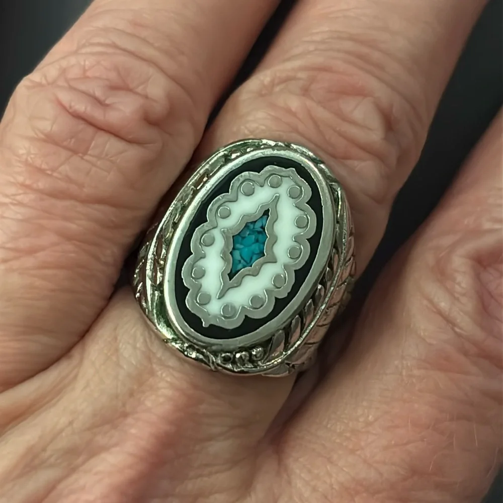 Sterling Ring with Inlaid Turquoise, Mother of Pearl and Onyx